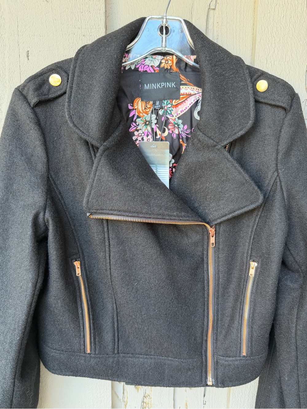 MINKPINK Black Felted Wool Biker Style Jacket with Rose Gold Accents - Size M